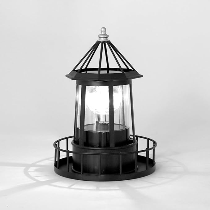 Solar Lighthouse Rotating Light with 360° Beacon, IP65 Waterproof Outdoor LED Decor for Garden, Yard, Pathway & Patio - Solar-Powered Lawn Statue Lamp for Balcony & Fence Decoration(Color:Black)