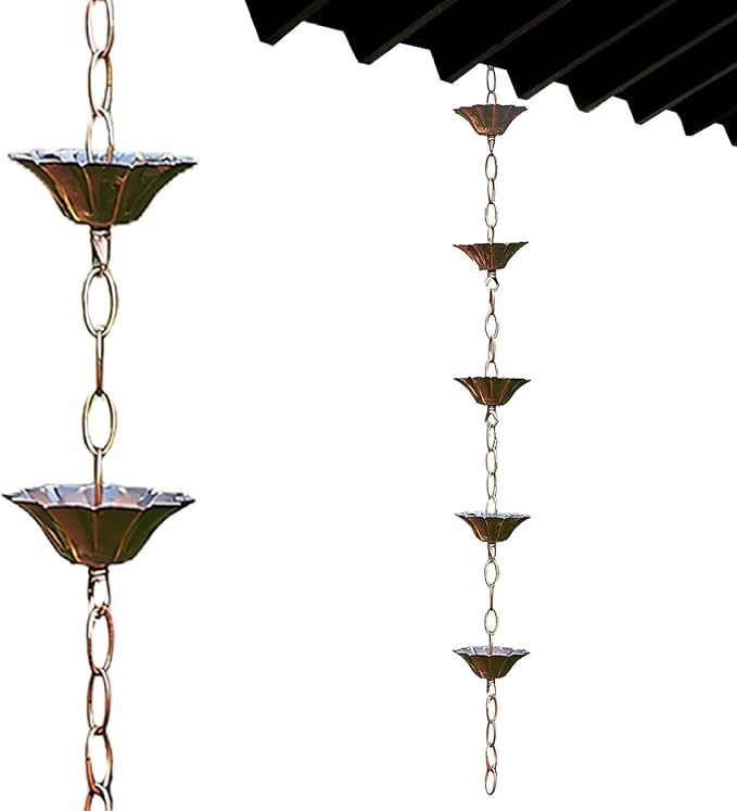 Rain Chains for Gutters Rain Chain Copper Imitation Chains for Gutters 3.3ft with 5 Cups Easy to Install Catcher for Outside Courtyards Replacement Style 1