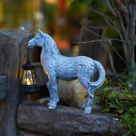 Solar Garden Horse Figurines, Horse with Solar Lantern, Whimsical Outdoor Indoor Decor, Grey