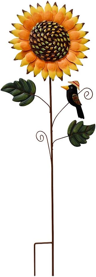 33.5" H Sunflower Garden Stake with Black Crow Outdoor Yard Decor, Rustic Metal Yard Art Flower Stake for Outside Yard Lawn Patio Porch Pathway Decorations