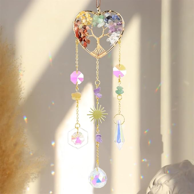 Crystal Sun Catcher, Heart 7 Chakra Tree of Life Crystal Suncatcher Hanging for Indoor Window, Dream Catchers for Car, Spiritual, Rainbow Maker