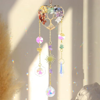 Crystal Sun Catcher, Heart 7 Chakra Tree of Life Crystal Suncatcher Hanging for Indoor Window, Dream Catchers for Car, Spiritual, Rainbow Maker