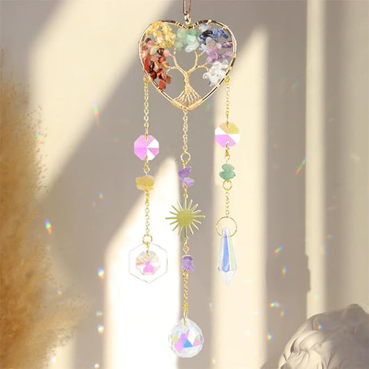 Crystal Sun Catcher, Heart 7 Chakra Tree of Life Crystal Suncatcher Hanging for Indoor Window, Dream Catchers for Car, Spiritual, Rainbow Maker