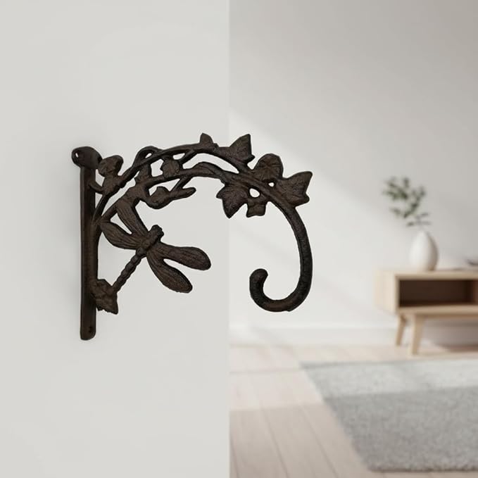 Comfy Hour 9.25" Dragonfly Decorative Plant Wall Hanger, Heavy Duty Cast Iron Wall Mount Bracket for Hanging Baskets, Bird Feeders, Lanterns & Wind Chimes, Vintage Brown, 1 Pack