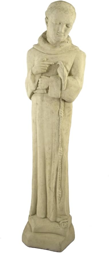 American Made Vintage Mission-Style St Francis with Dove Concrete Garden Statue, 24"