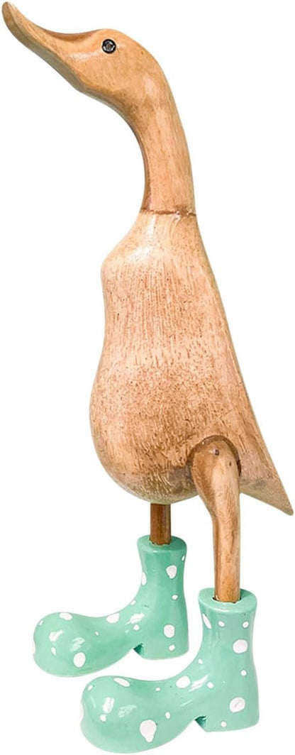 Wooden Crafted Duck Figurine with Spotty Wellies Funny Standing Duck Statues Decorative Resin Rain Boot Animal Sculpture Collectible Crafts Waterproof Garden Lawn Ornament (Green, 9.8Inch)