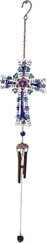 Ebros Gift Blue Floral Aquamarine Cross with Gemstones and Crystals Metal Scroll Filigree Resonant Relaxing Wind Chime 31" Long Aluminum Rods Hanging Mobile Home Patio Garden Decor