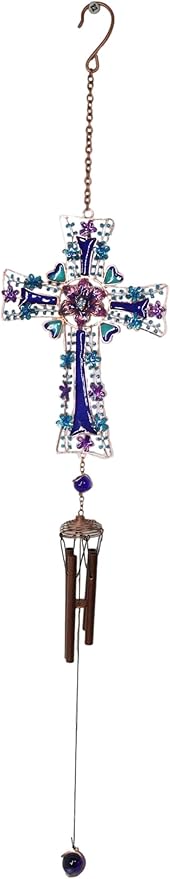 Ebros Gift Blue Floral Aquamarine Cross with Gemstones and Crystals Metal Scroll Filigree Resonant Relaxing Wind Chime 31" Long Aluminum Rods Hanging Mobile Home Patio Garden Decor