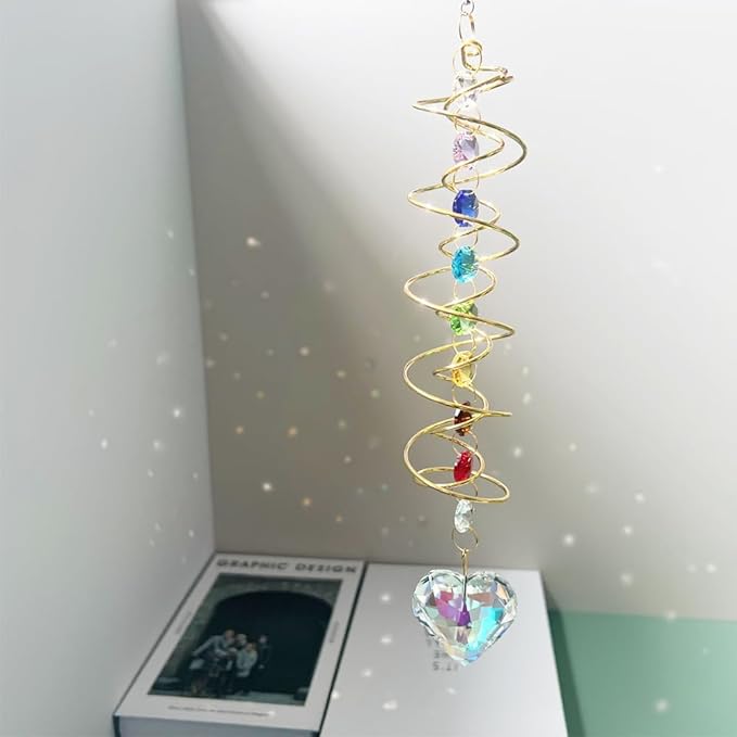 Big Heart Crystal Sun Catchers for Windows Hanging, Double-Spiral Design Gazing Ball Spiral Tail, Rainbow Maker Prism, Sun Catchers Indoor Window for Kitchen, Patio, Porch, Garden(AB-Golden)