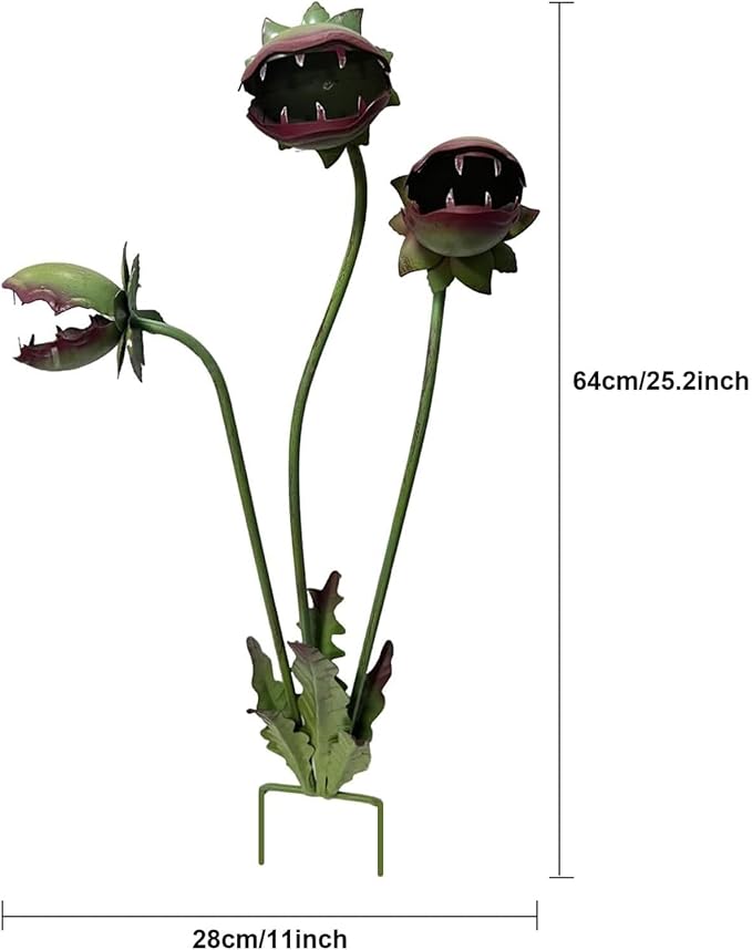 Metal Carnivorous Plant Garden Stake Whimsical, Handmade 25-Inch Large Venus Flytrap Monster Plant Sculpture Stake Outdoor, Yard Art for Garden, Patio, Lawn, Seasonal Yard Decor, Garden Gift (2pcs)