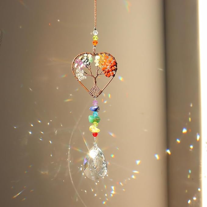 Suncatcher Window Hanging Tree of Life Heart Shaped Crystal Ball Prism Drop Ornament with Rainbow Maker Pendant for Garden Home Decor Indoor Outdoor Windows 7in