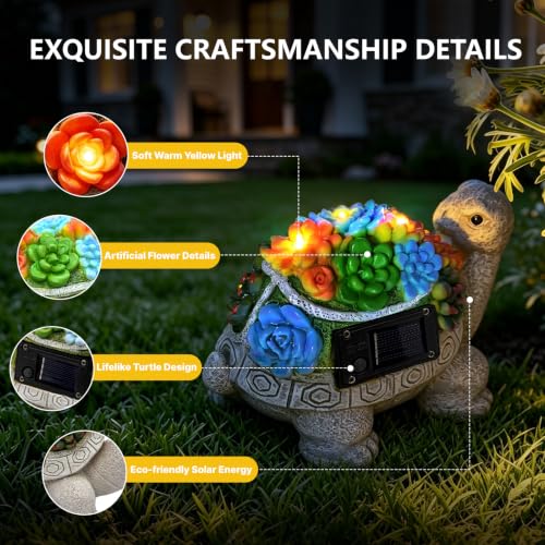 Solar Garden Turtle Decor with Succulent - Warm Light
