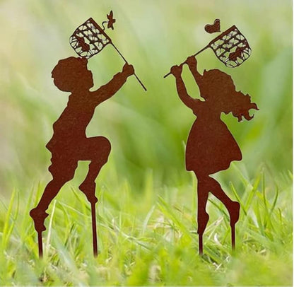 Butterfly Girl Silhouette Sculpture,Shadow Art Garden Figurines, Metal Garden Fence Stake for Lawn Outdoor Patio Home Decor (E)