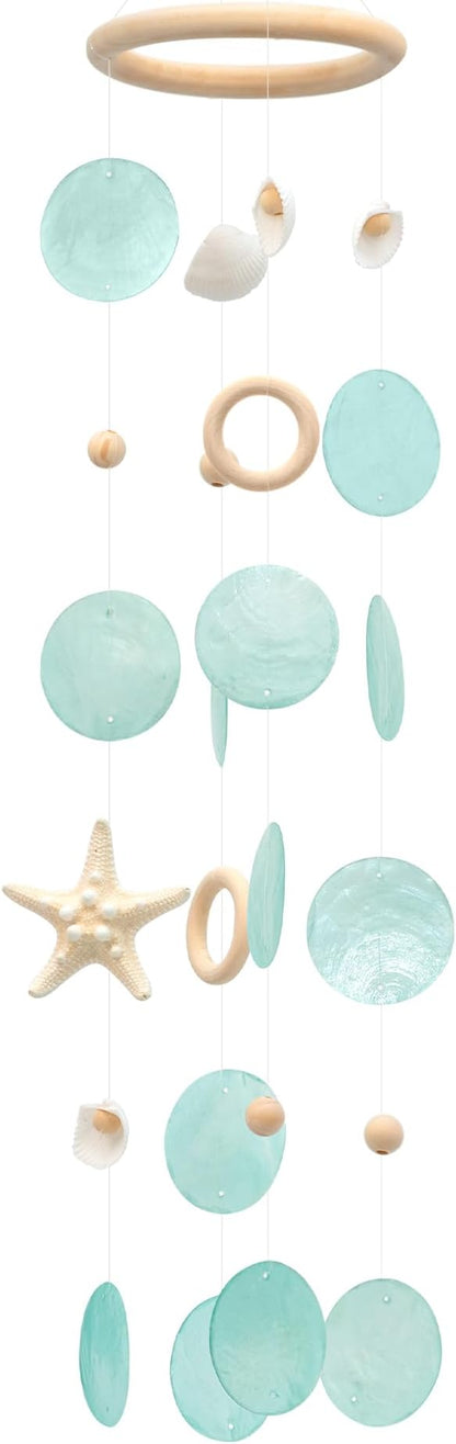 Sea Shells Wind Chimes - Handcrafted Aqua Green Capiz Shells Windchime with Starfish, Coastal Style Decor for Indoor/Outdoors, Garden Decor, Great Gift for Women, Wind Chimes Lovers and More