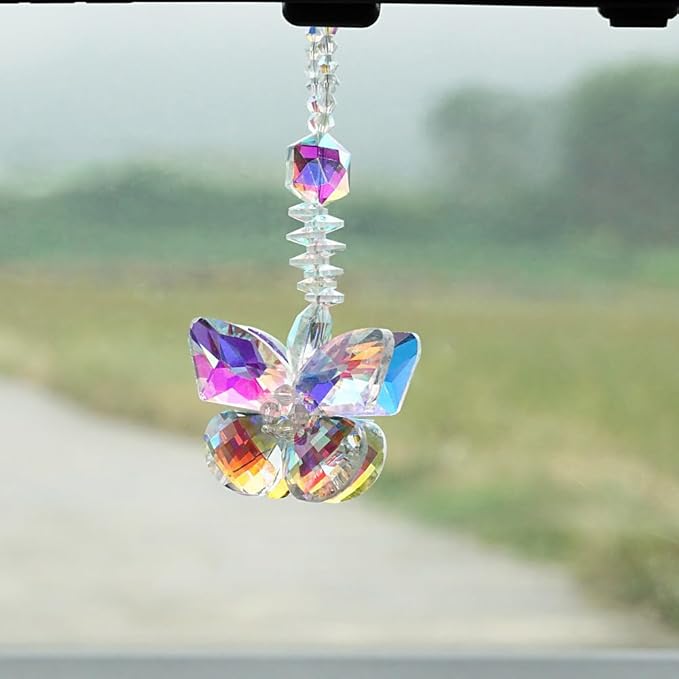 Butterfly Hanging Ornament for Car Decor Sun Catcher- Crystal Rain Bown Maker for Window Hanging - AB Colored Hanging Pendant for Home Garden