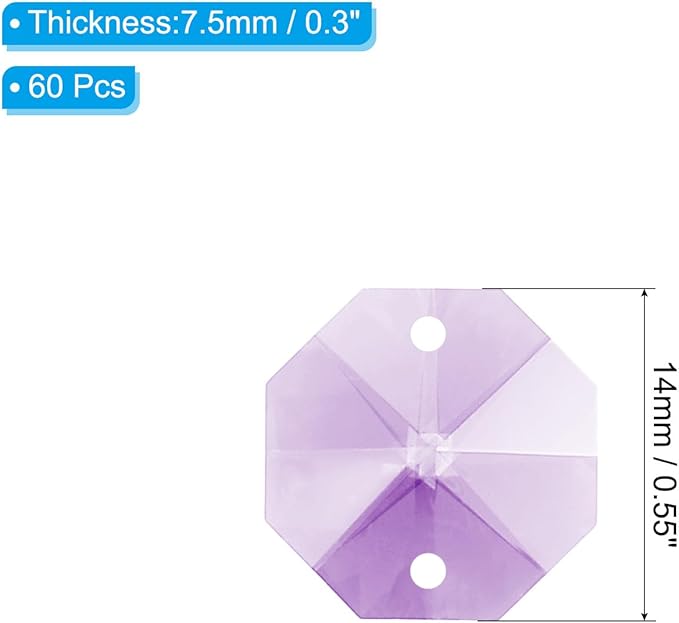 PATIKIL K9 Crystal Octagon Beads 2 Holes Pendants, 60 Pack 14mm Chandelier Prisms Parts Ornaments Hanging Beads for DIY Arts Crafts Decoration, Light Purple