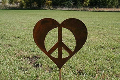 Peace and Heart Staked Signs or Wall Art Rustic or Powder Coated Finishes (Peace Heart Small Stake 21", Naturally Rusted)