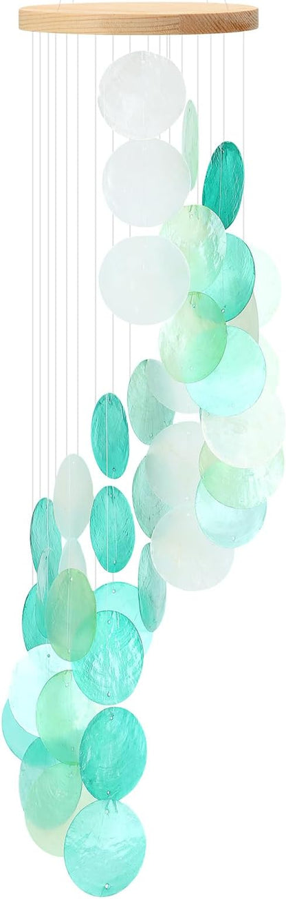 Wenqik Sea Glass Shell Wind Chimes for Outside Seaglass Capiz Windchime Spiral Wind Chimes for Women Beach Holiday Summer Gift Indoor Outdoor Home Housewarming Garden Decor(Light Blue)