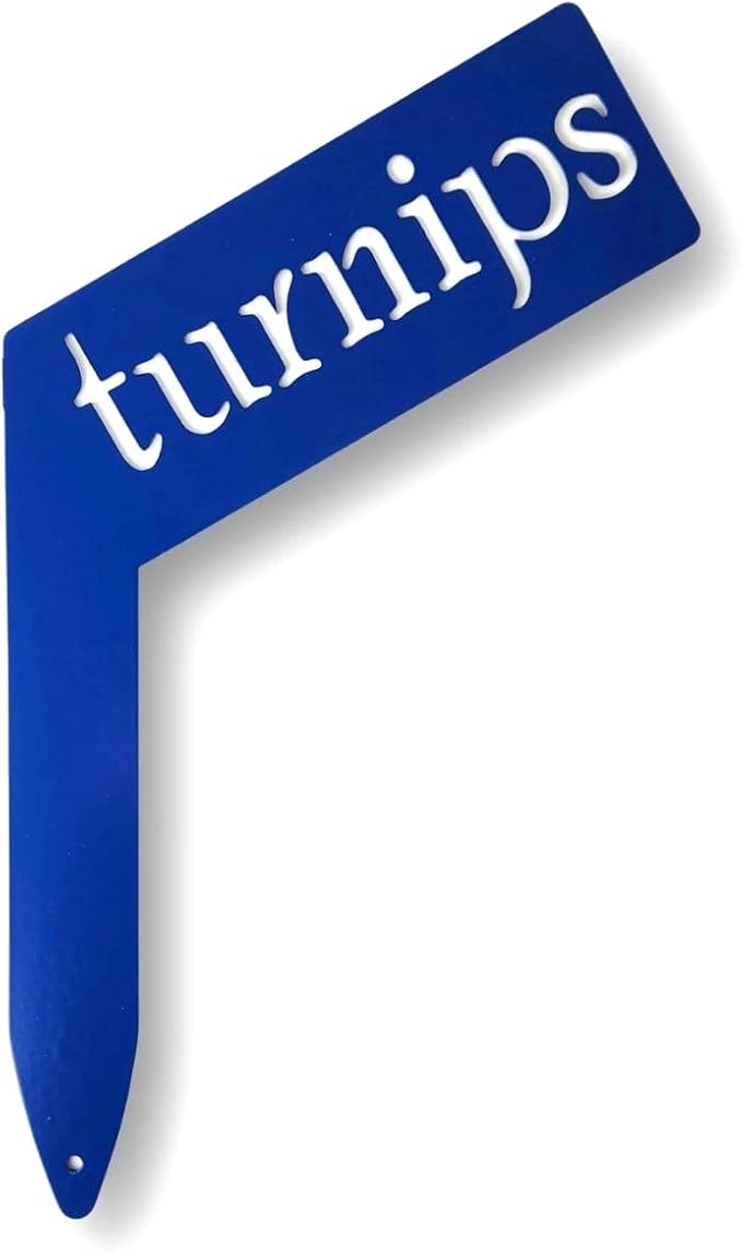 Planter Size Small Metal Garden Plant Vegetable Flower or Herb Markers 13.5 Inches Tall (turnips, Blue)