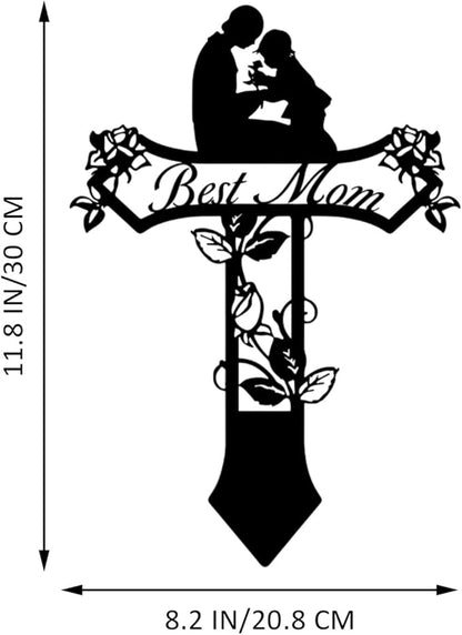 Rustic Metal Cross Memorial Stake, Mom Dad Grave Site Decorations Artificial Flowers for Cemetery, Ideal for Yard, Garden, Lawn & Tombstone, Cemetery Decorations for Grave (Mom)