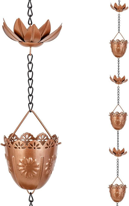 10FT Lotus Rain Chains, Rain Gutter Chain with 16 Flower Cups, Adjustable Rainwater Catcher Chain for Outside, Replacement for Downspout