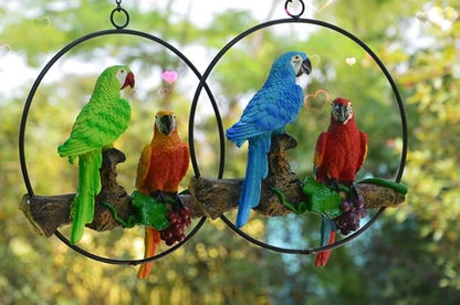 Mini Garden Statues Hanging Iron Ring Parrots, Resin Parrot Hanging Statue, Hanging Birds Figurine for Pathways Yard Patio Office Home Indoor Outdoor Tree Decorations (C-1)