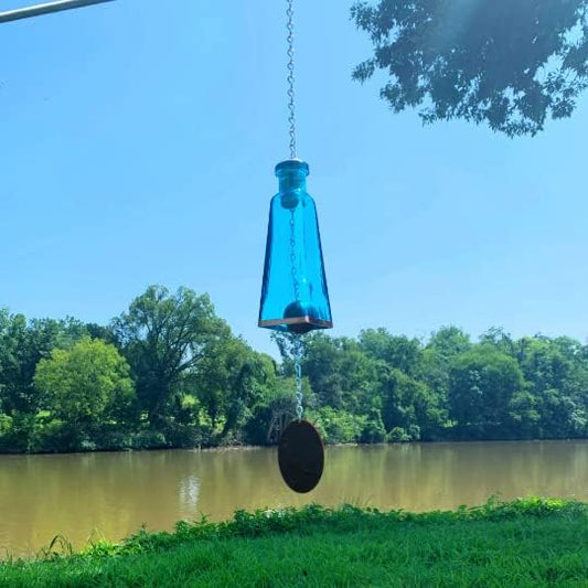 Blue Ridge Mountain Gifts Pyramid Bottle Wind Chime for Garden & Porch Decor w/Cooper Accent, Stained Wooden Ball, & Colorful Glass Bottles - Ideal for Wind Chime Lovers (Aqua Blue)