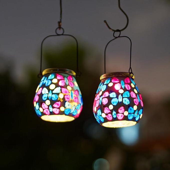 Stargarden 4 Pack Mosaic Solar Lanterns, Glass Hanging Lantern Waterproof Outdoor Hanging Solar Lights Butterfly Decorative Lantern for Garden ,Patio,Yard Decor
