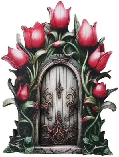Pink Daisy Frame Fairy Door for Tree Stumps, Miniature Garden Decor, Outdoor Landscape Accessories, Garden Sculptures