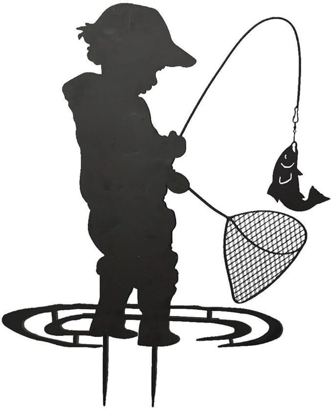 Boy Silhouettes Fishing Playing Vintage Metal Garden Stake Silhouette Sculpture, Yard Garden Metal Stake Rustic Outdoor, Yard Art Decor