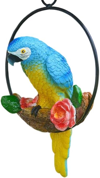 Mini Garden Statues Hanging Iron Ring Parrots, Resin Parrot Hanging Statue, Hanging Birds Figurine for Pathways Yard Patio Office Home Indoor Outdoor Tree Decorations (A-3)