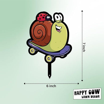 Garden Outdoor Small Metal Art 7"x 6" Weather Resistant Lawn Ornaments Sturdy Stakes Yard Sign Decoration for Patio (Skateboarding Snail)