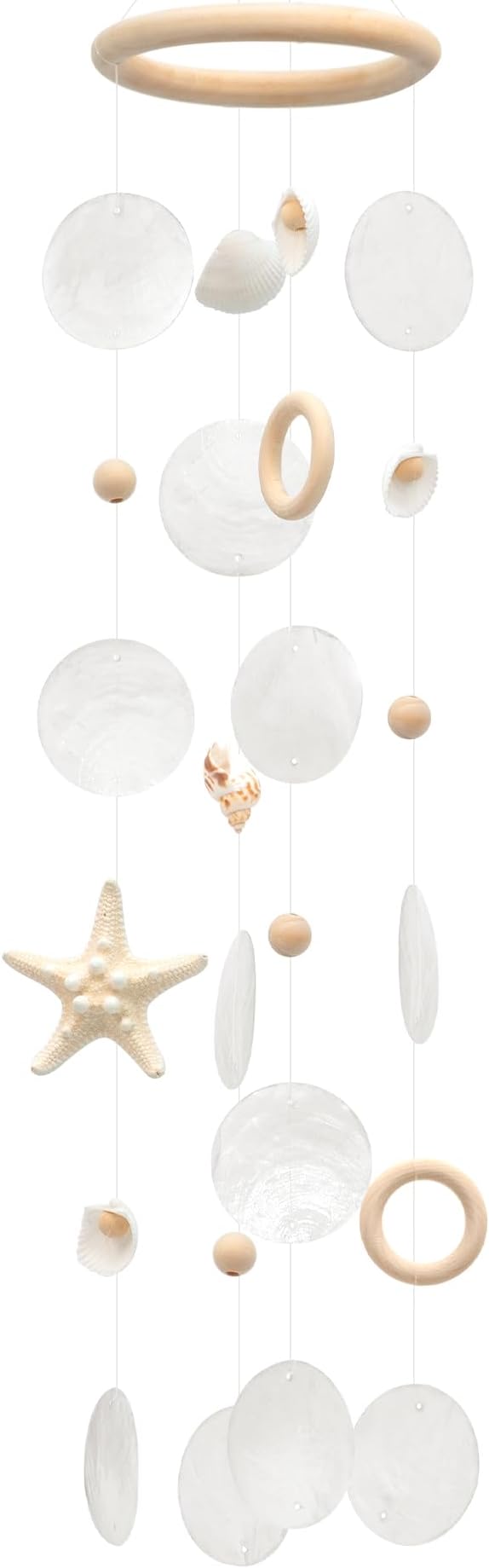 Sea Shells Wind Chimes - Handcrafted White Capiz Shells Windchime with Starfish, Coastal Style Decor for Indoor/Outdoors, Garden Decor, Great Gift for Women, Wind Chimes Lovers and More