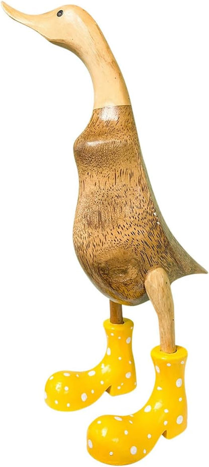 Wooden Crafted Duck Figurine with Spotty Wellies Funny Standing Duck Statues Decorative Resin Rain Boot Animal Sculpture Collectible Crafts Waterproof Garden Lawn Ornament (Yellow, 7.9Inch)