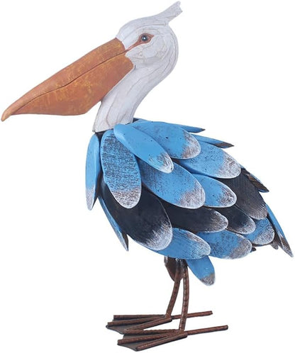 Metal Garden Sculpture, Pelican Outdoor Statue, Hand Painted Wood Chips Coastal Ocean Bird Decoration