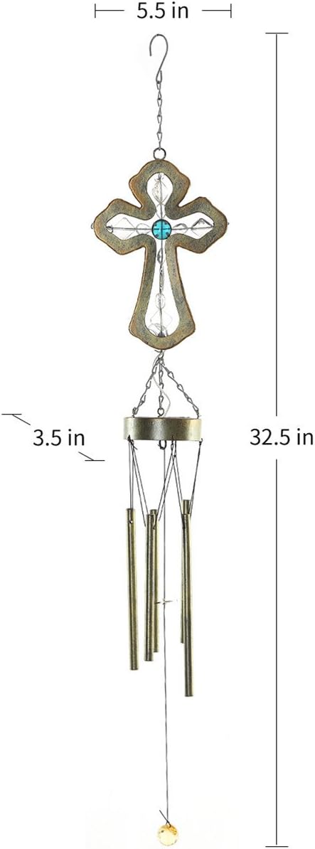 CEDAR HOME Solar Wind chime Unique Outdoor Indoor Hanging Mobile Bell WindChime Light Inspirational Religion Cross for Garden Lawn Yard Patio Waterproof Metal Glass Home Decor, 5.5"W x 3.5"D x 33"H