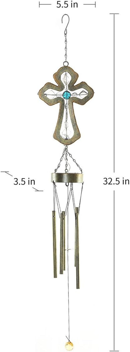 CEDAR HOME Solar Wind chime Unique Outdoor Indoor Hanging Mobile Bell WindChime Light Inspirational Religion Cross for Garden Lawn Yard Patio Waterproof Metal Glass Home Decor, 5.5"W x 3.5"D x 33"H