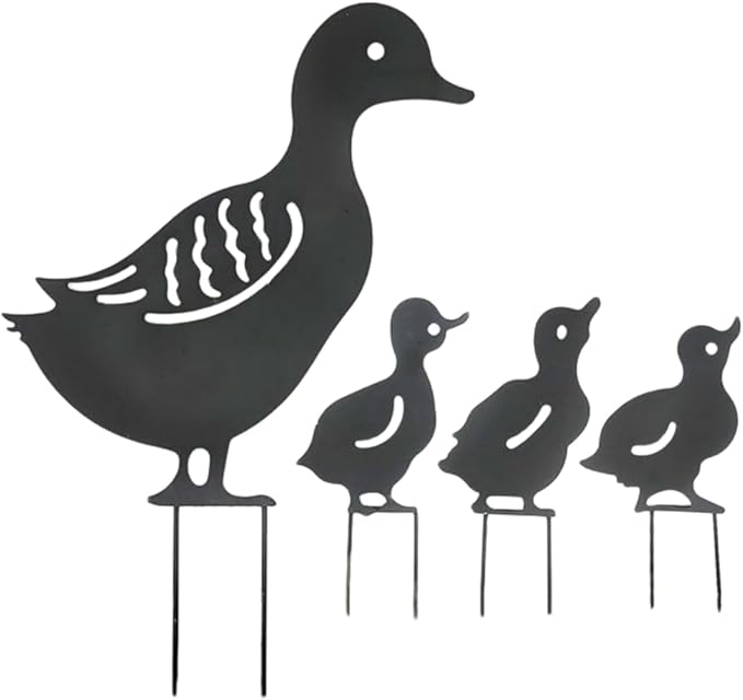 Duck Metal Stake Decorative Garden Stakes Black Duck Silhouette Garden Statues for Yard Outdoor Lawn Patios Garden Decoration, Set of 4
