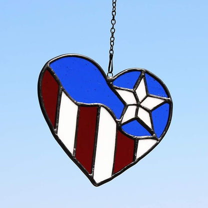 American Flag Heart Ornament, Tiffany Style Stained Glass Window Hanging, Patriotic Decor, Birthday Gift for Veteran, Men Father Grandpa Grandma