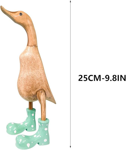 Wooden Crafted Duck Figurine with Spotty Wellies Funny Standing Duck Statues Decorative Resin Rain Boot Animal Sculpture Collectible Crafts Waterproof Garden Lawn Ornament (Green, 9.8Inch)