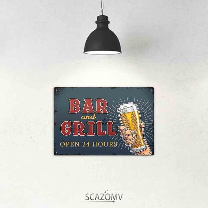 SCAZOMV Bar And Grill Metal Sign Pub Decor Man Cave Signs Vintage Wall Art Decorations Tin Plaque Dads Fathers Rustic Home Beer Bar Accessories 12"X8"