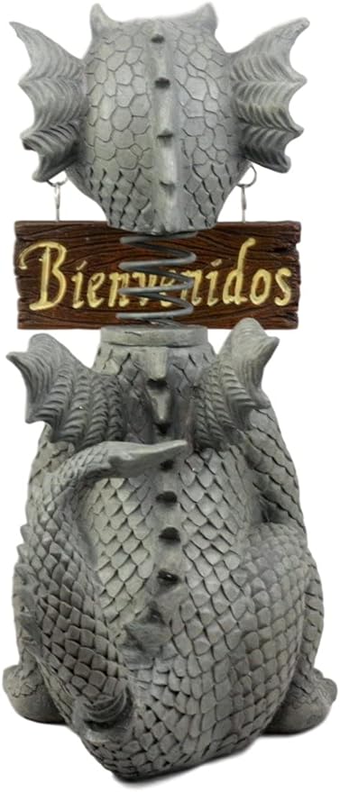 Ebros Gift Bienvenidos Welcome Sign Dragon Garden Greeter Bobblehead Statue Faux Stone Resin Finish 13.25" H