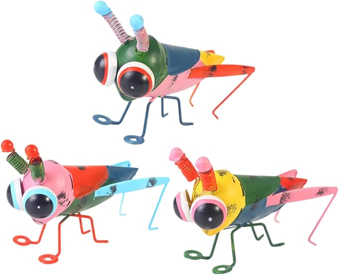 Happyyami 3pcs Outdoor Metal Locust Figurines Handpainted Sturdy Iron Art Insect Statues for Garden Patio Lawn Educational Decorative Sculptures