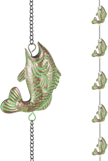 12ft Rain Chains for Gutters, Fish-Shaped Rain Chain with 12-Cup, Adjustable Rain Catcher Chain with Bell, Replacement Downspout for Gutters, Eaves, and Drainage