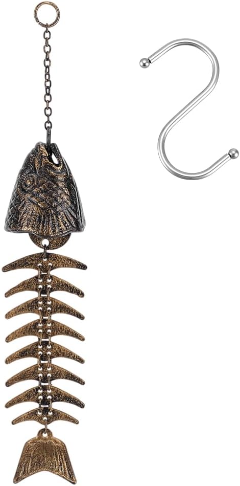 PH PandaHall Fish Skeleton Wind Chime 13" Fish Windchime Iron Fishbone Wind Chime Vintage Metal Windchime Door Hanging Bells for Outdoor Home Garden Yard Decoration Gift, Antique Bronze