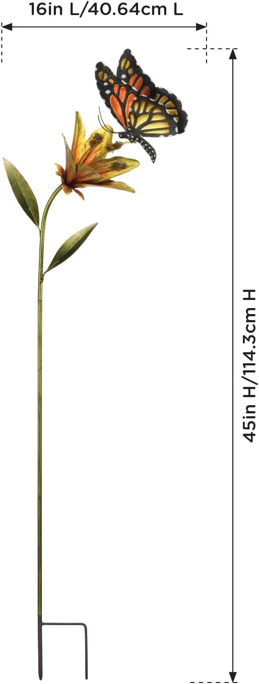 Regal Art & Gift Butterfly Flower Metal Garden Stake - Decorative Handcrafted Outdoor Metal Sculpture for Lawn, Patio & Garden Décor - Orange