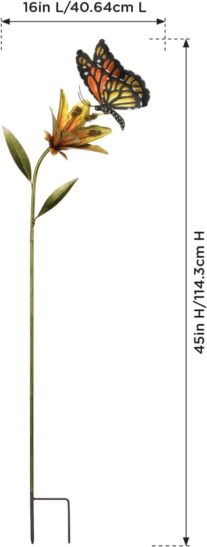 Regal Art & Gift Butterfly Flower Metal Garden Stake - Decorative Handcrafted Outdoor Metal Sculpture for Lawn, Patio & Garden Décor - Orange