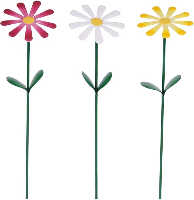 Flower Garden Stake Decor, Outdoor Plant Pick Water Proof Metal Sunflower Daisy Stick for Lawn Yard Patio, Pathway Ornament, Set of 3