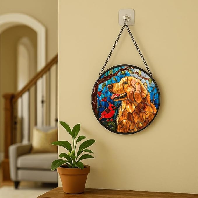 Stained Glass Window Hanging - Golden Retriever & Cardinal Bird 11.8in Sun Catchers Indoor Stained Glass Panels Wall Decor for Mom, Wife, Lovers, Festive