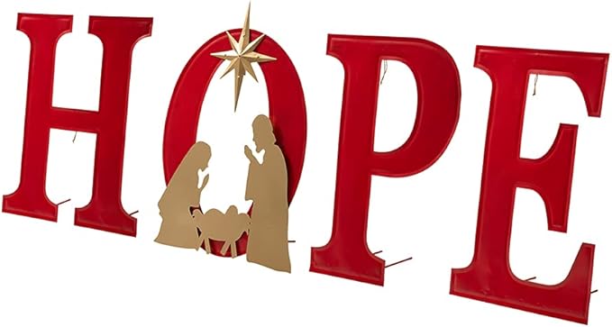 Glitzhome 32" H Lighted Metal Hope Garden Stakes, Christmas Garden Ornaments Yard Stake, Standing Decor or Wall Décor Decorative Sign for Xmas Indoor Outdoor Decorations